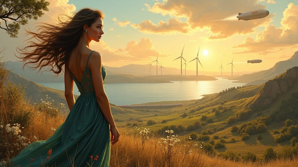 Woman Gazing at Wind Farm Landscape