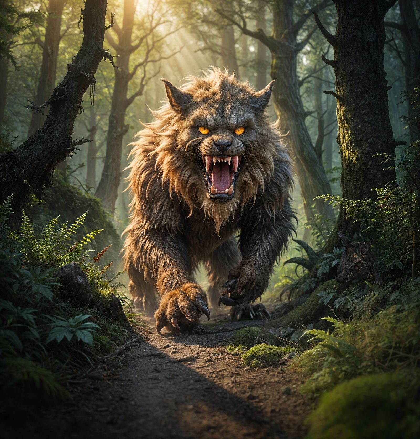 Ferocious Furry Feline Monster Charging Down Forest Path