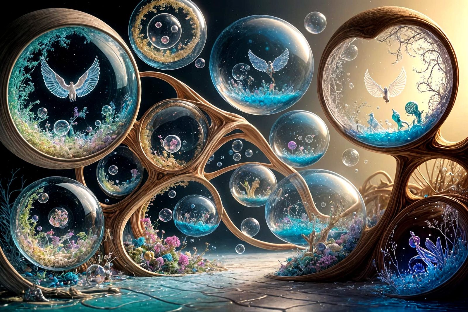 Surreal Dreamscape: Iridescent Bubbles of Miniature Worlds