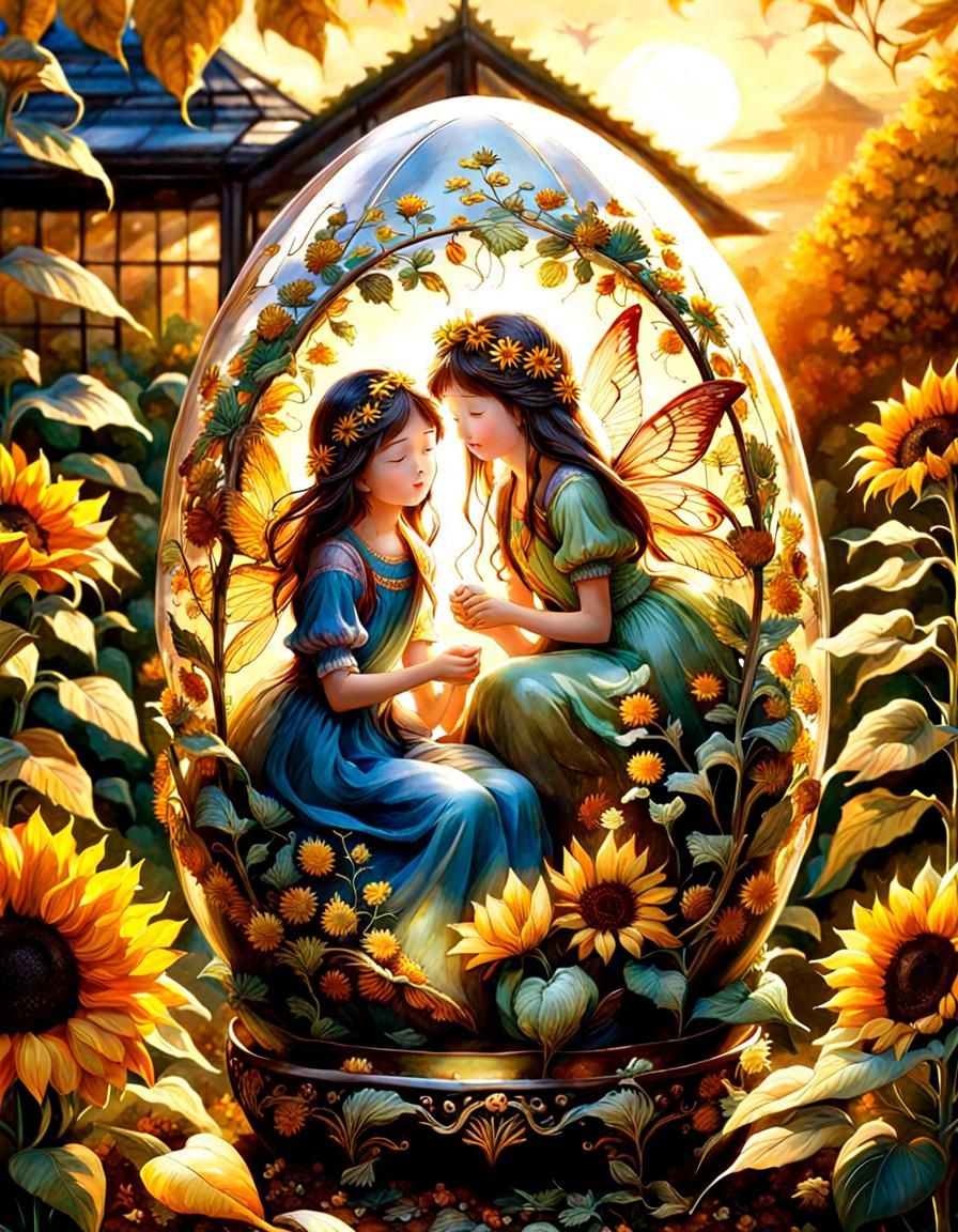 Fairies' Joyful Reunion Inside Glass Egg