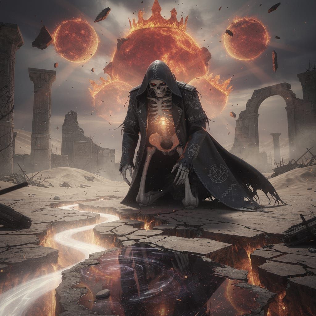 Skeletal Figure Rises Beneath Burning Apocalyptic Sky