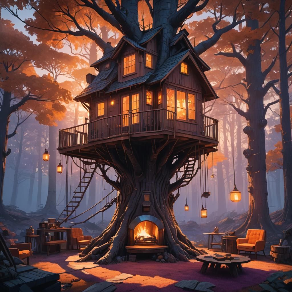 Cozy Treehouse Interior in Atmospheric Fantasy Style