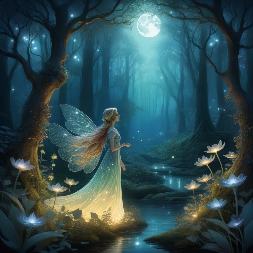 Whimsical fantasy illustration. Medium shot. A glowing Andraste's Grace flower blooms amidst a lush, moonlit forest, sur...