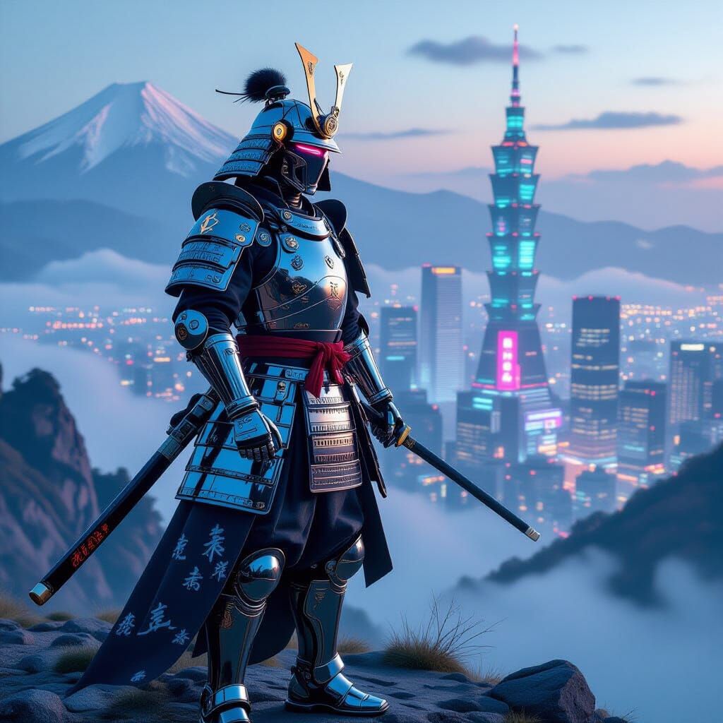 Neon-Lit Samurai Robot on Misty Peak