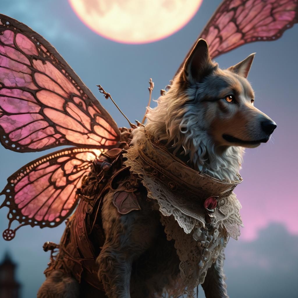Dog with Moth Face and Wings, Digital Art
