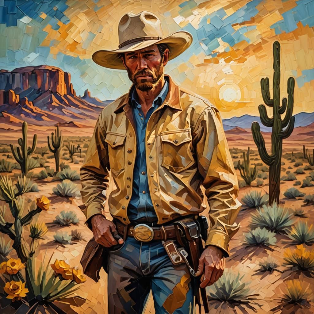 Cowboy in Desert Landscape as Neo-Impressionist Oil Painting