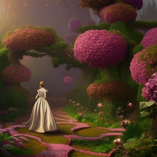 Victorian Princess in Maze Garden: Detailed Matte Painting