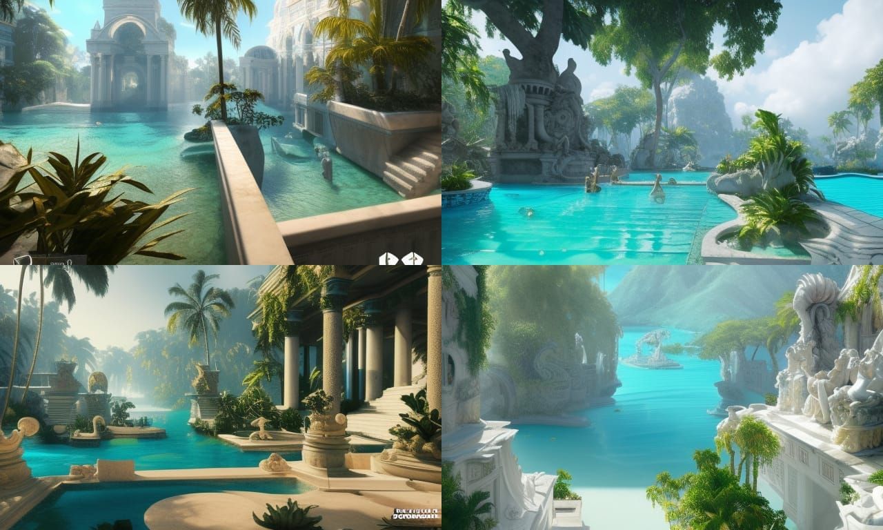 Rococo Pool with Greek Statue in Dreamlike Jungle