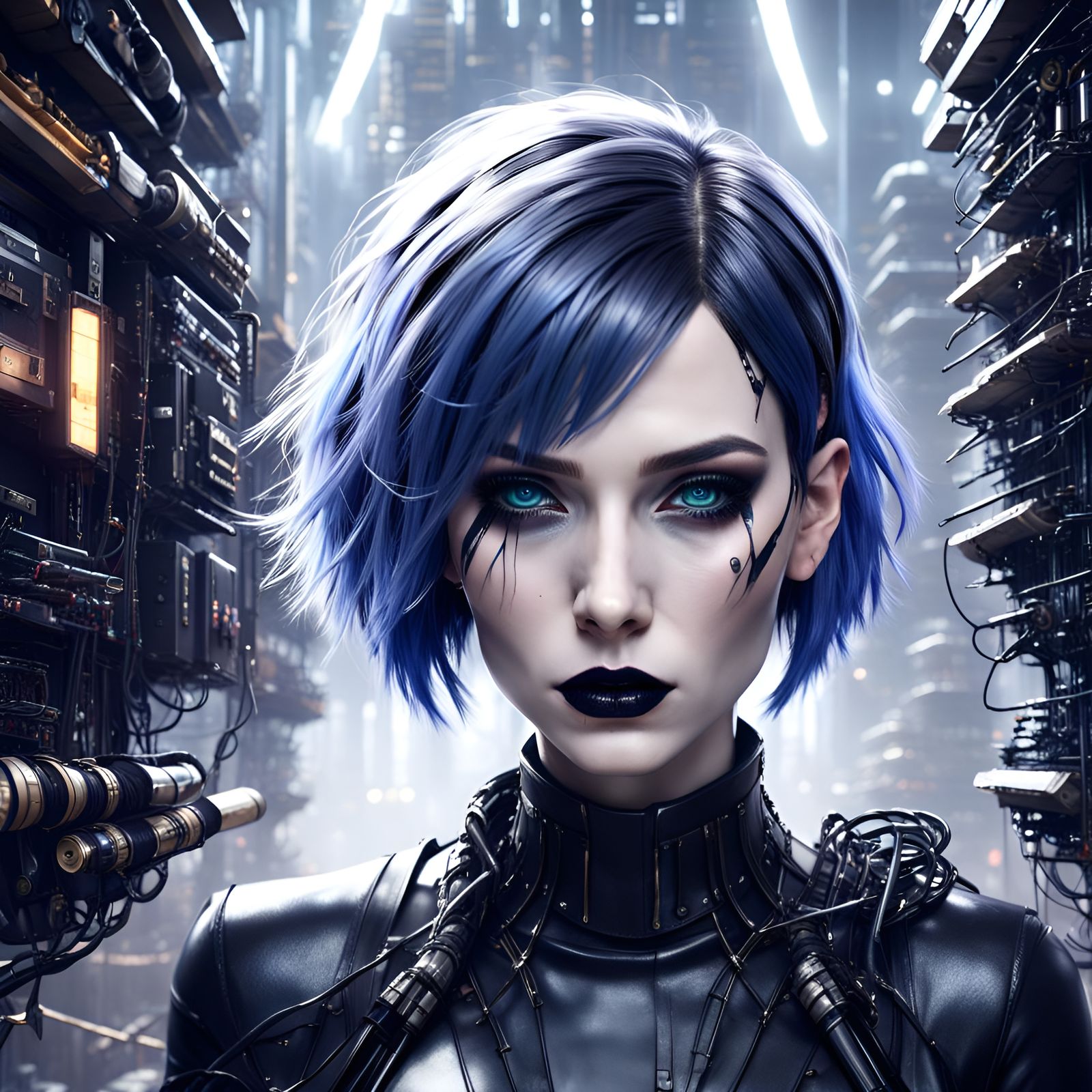 Cyberpunk Woman with Blue Hair in Dark Room