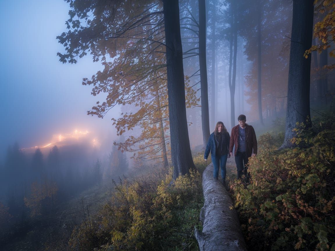 Foggy Alpine Forest Walk in Autumn