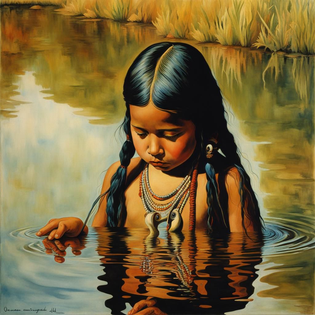 Native American Child seeing  reflection of self in  water  ...