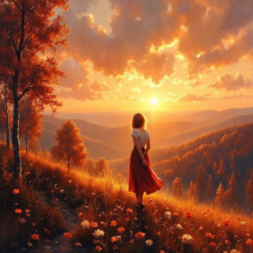 Sunset Hillside Contemplation in Digital Art Style