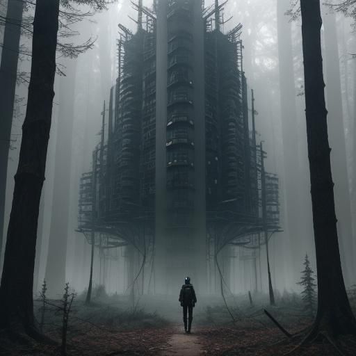 Dystopian Cyberpunk Forest with Factory in Anime Style