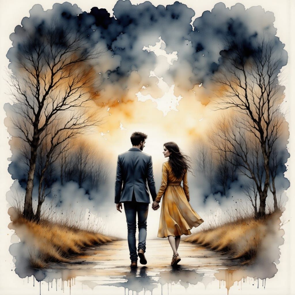 Whimsical Watercolor Couple Amidst Darkening Skies