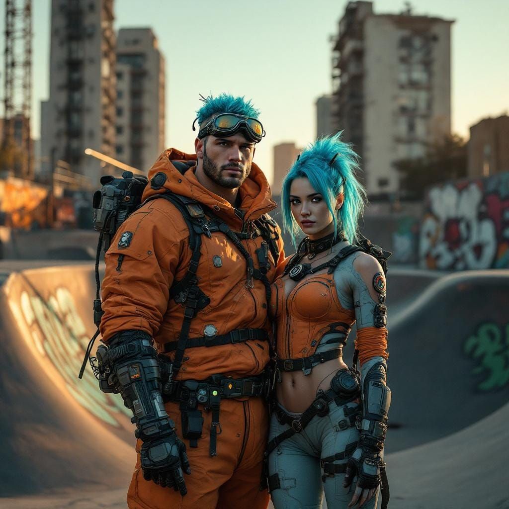 Cyberpunk Couple in Dystopian Skatepark, Hyperrealistic Phot...
