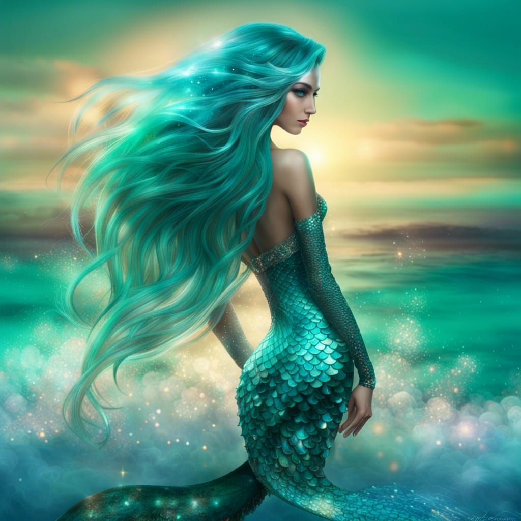 Gorgeous Mermaid with Flowing Hair in Turquoise Sea