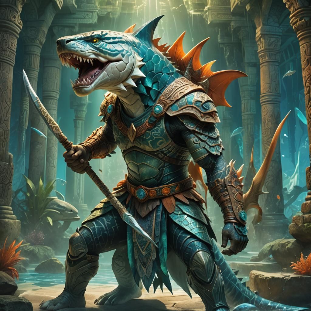 Polynesian Shark Warrior in Underwater Temple
