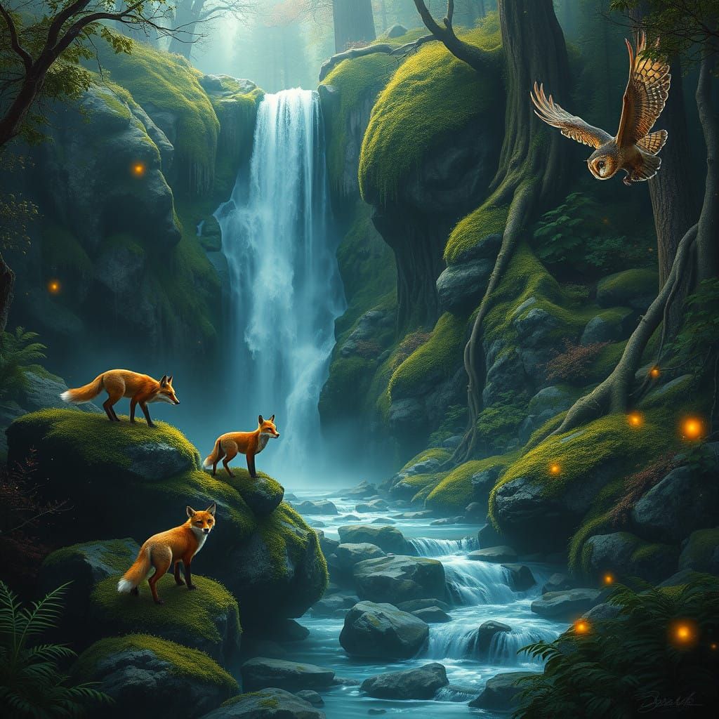 Mystical Waterfall Scene in a Forest at Twilight