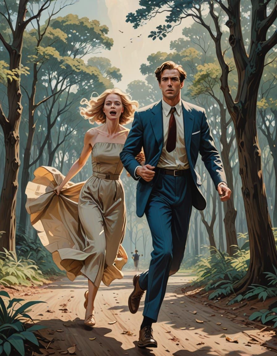 Fleeing Couple in Dark Forest: Vintage Illustration