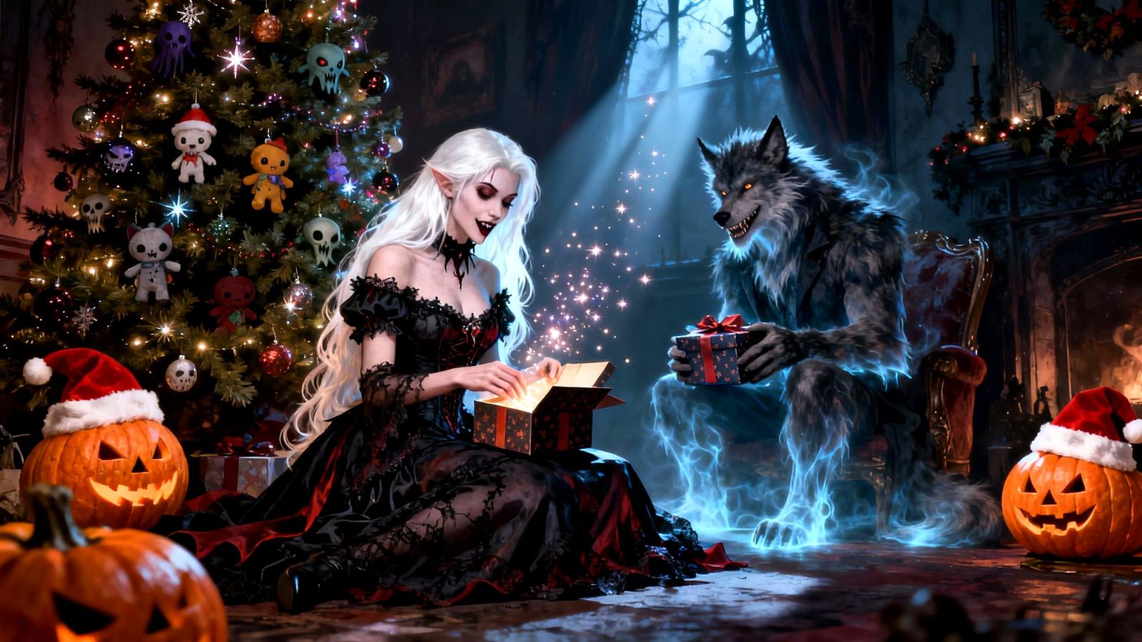 Gothic Christmas Halloween Scene with Vampires and Werewolf