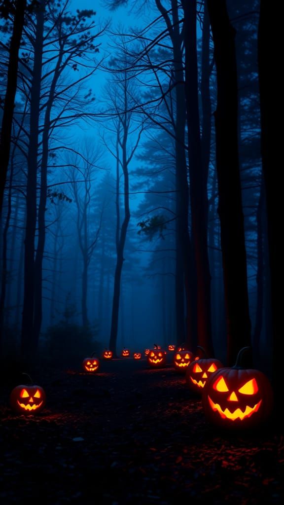 Eerie Jack-o'-Lanterns Light a Dark Forest Path