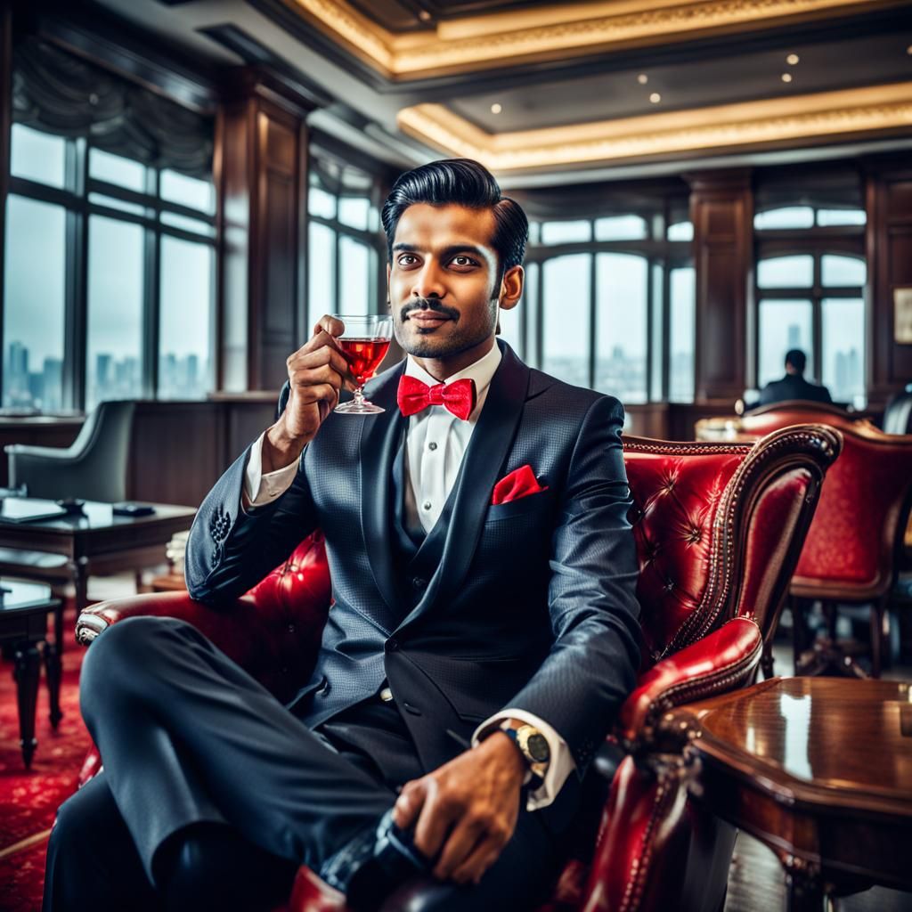 Indian Businessman in Tuxedo Drinking Tea