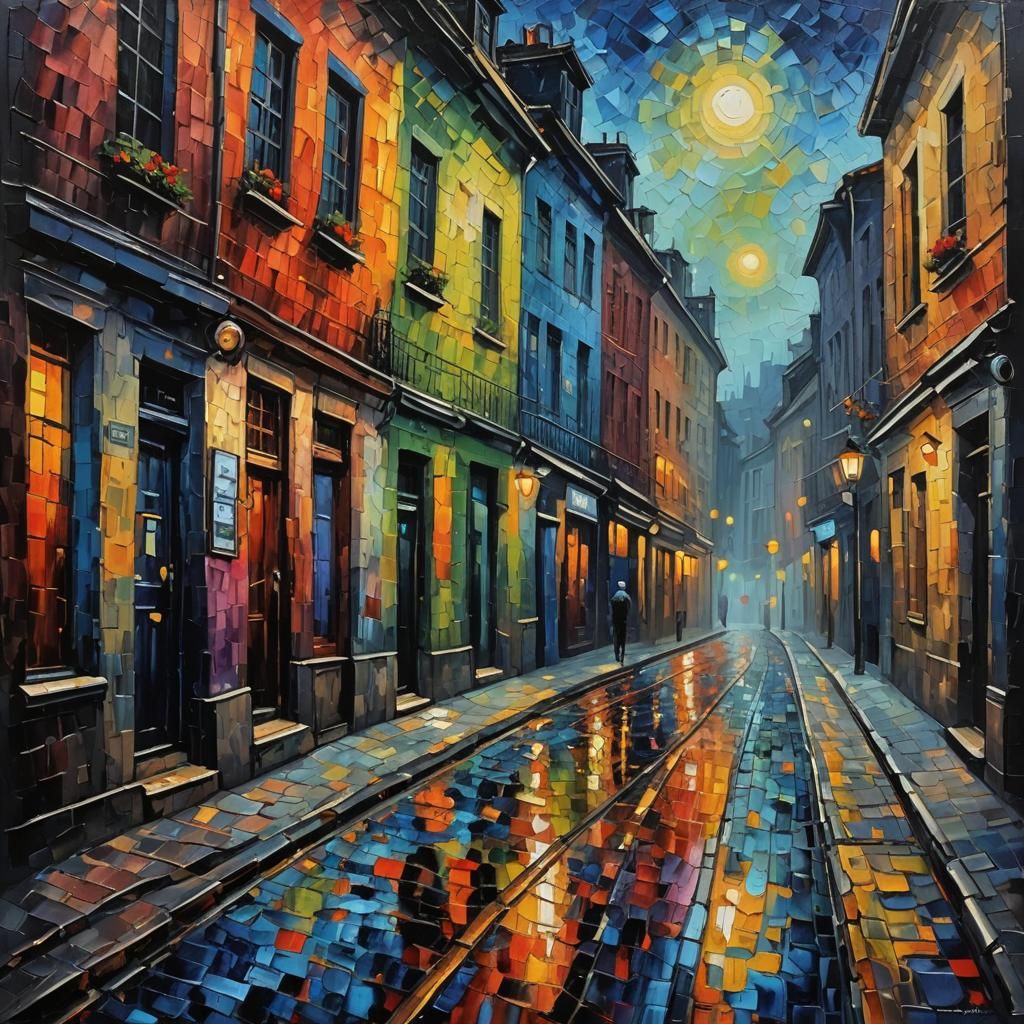 Dark Street: Neo-Impressionist Expressionist Oil Painting
