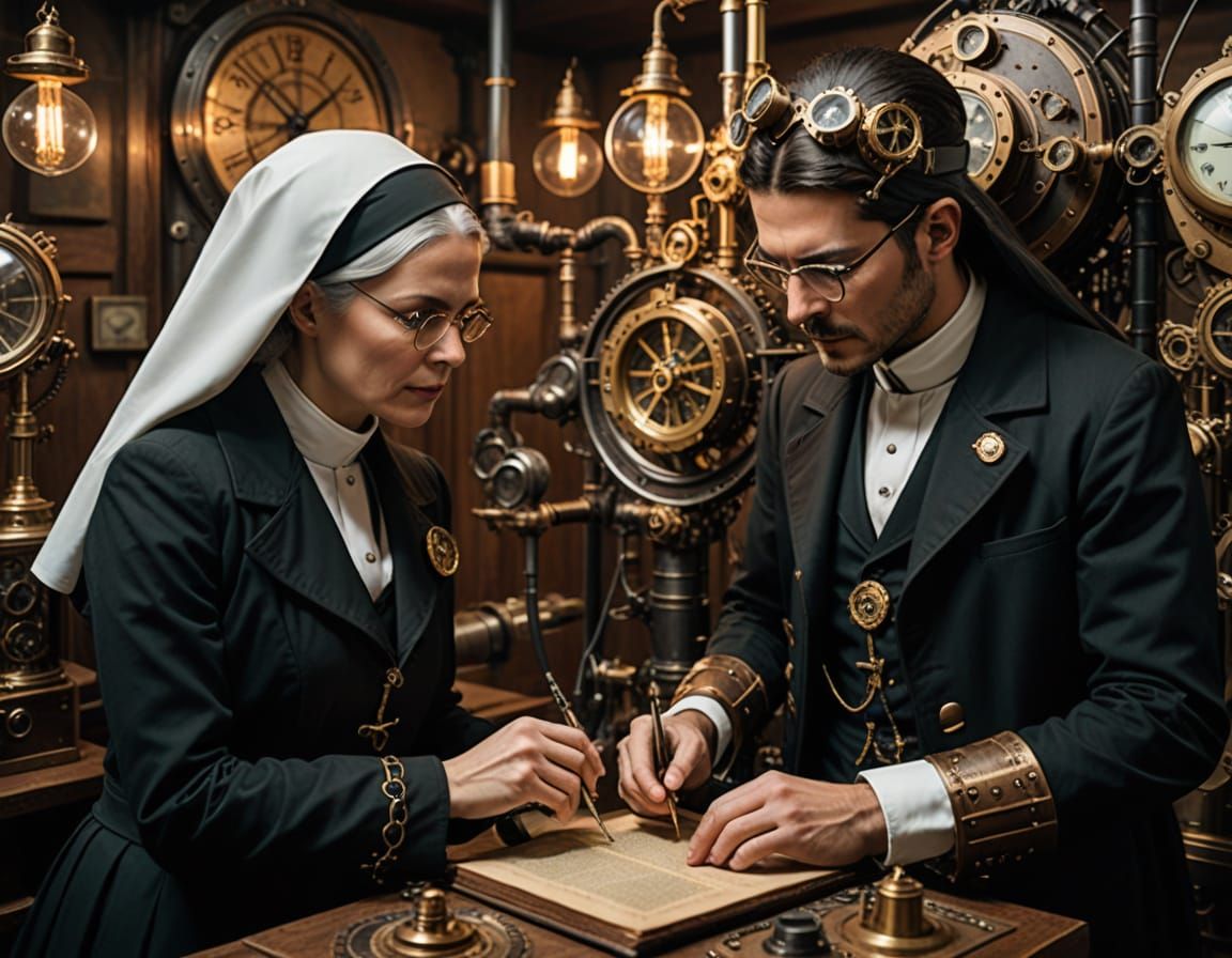 Scientist Examines Nun in Steampunk Style