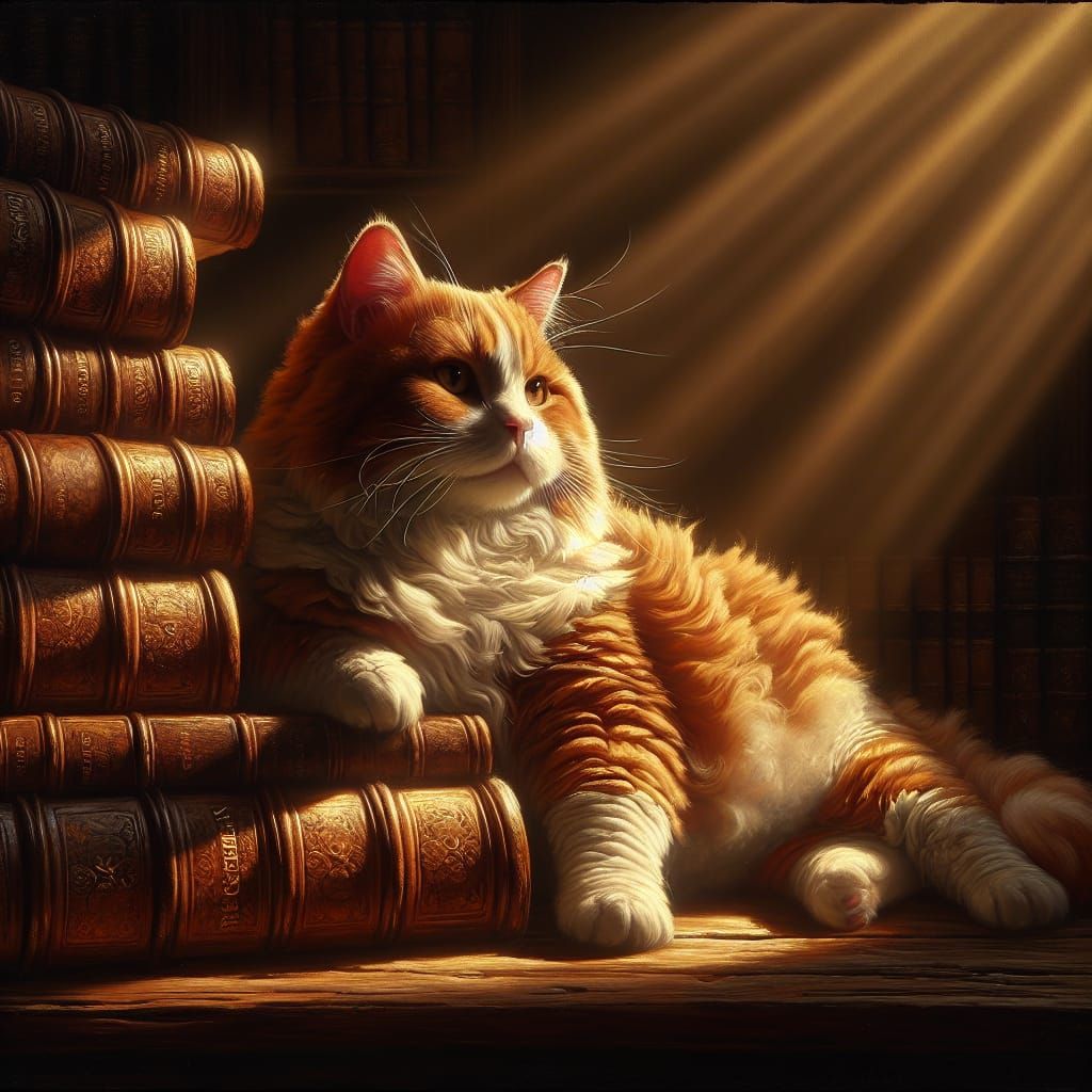 Tabby Cat in Library, Baroque Style