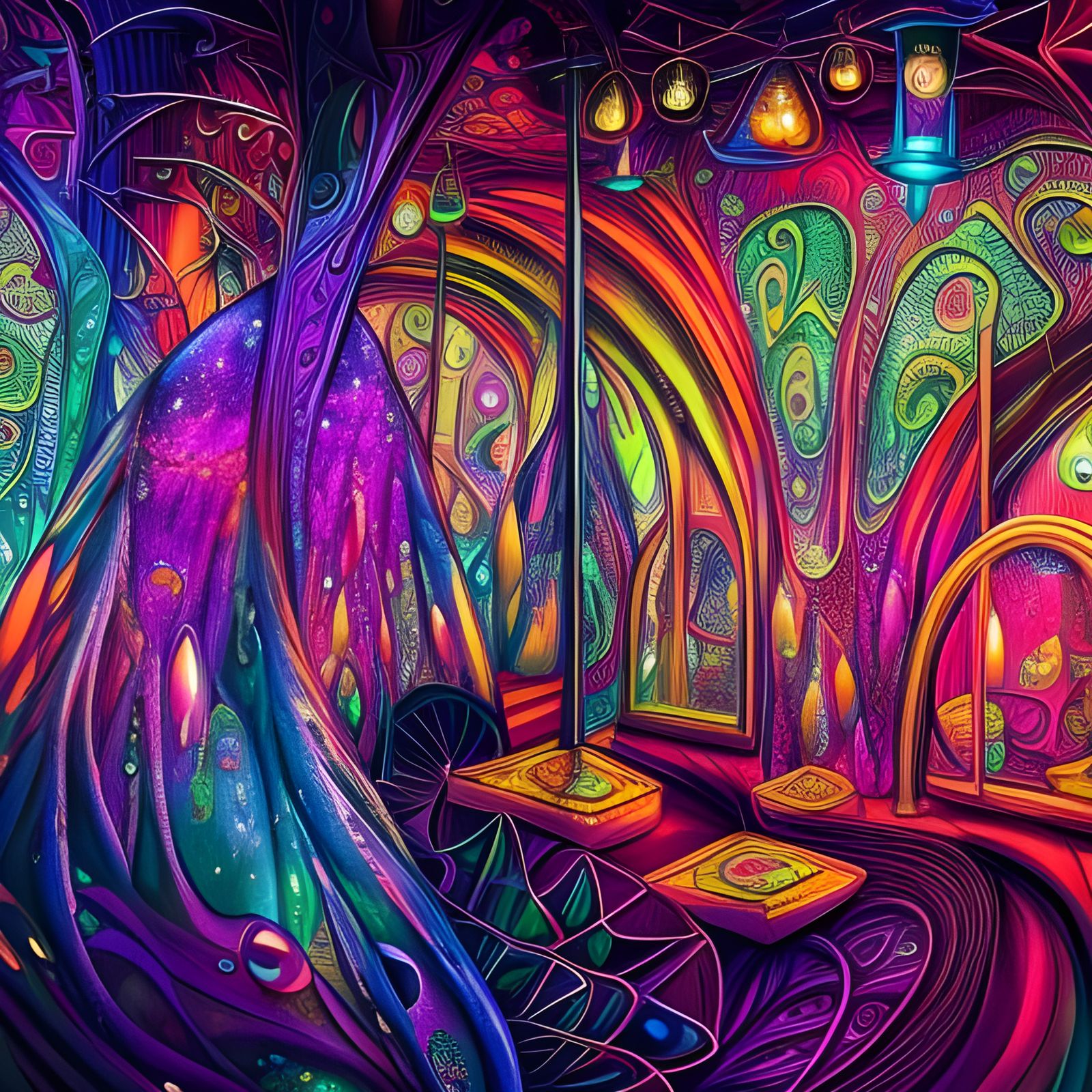 Psychedelic Crystal Shop Interior in Fluid Art Style