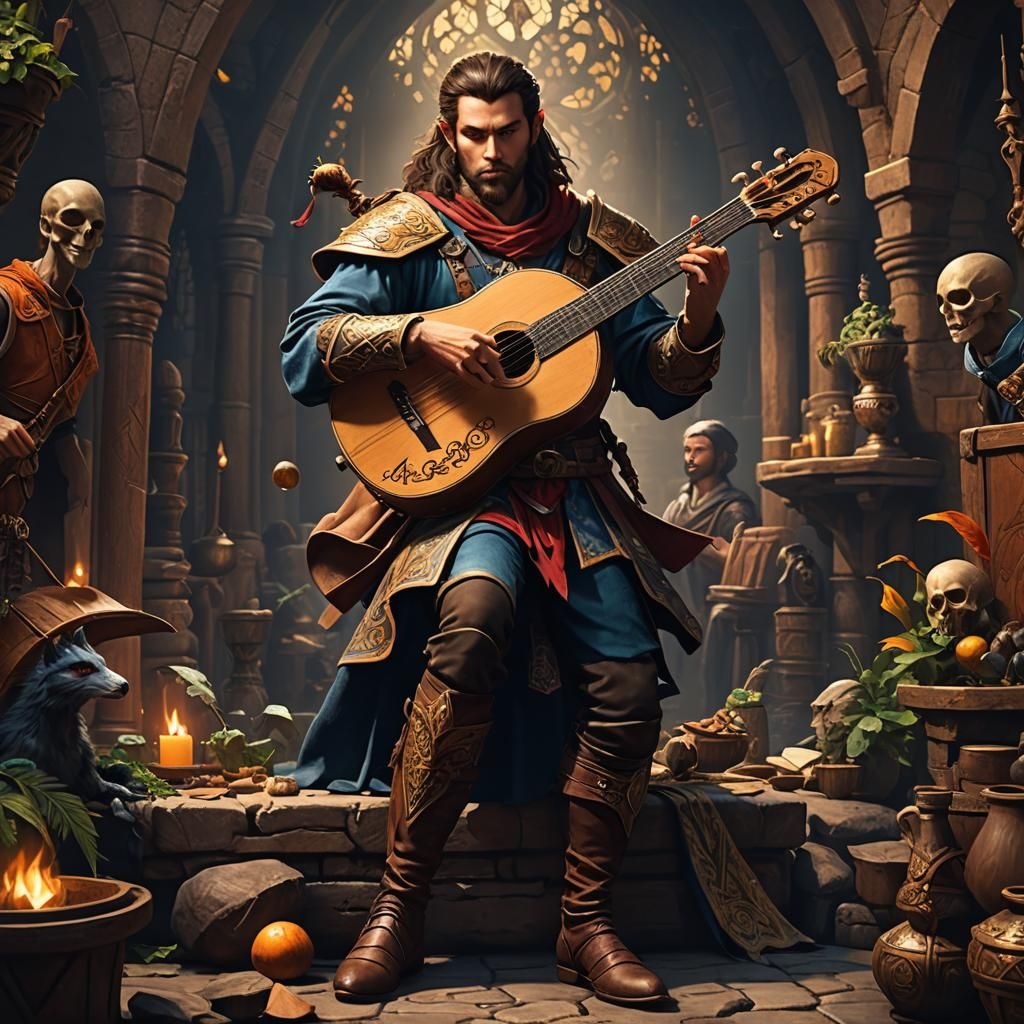 D&D Bard Playing Lute: Detailed Fantasy Art