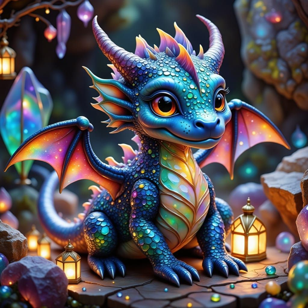 Cute Chibi Dragon on Crystals with Lantern Light