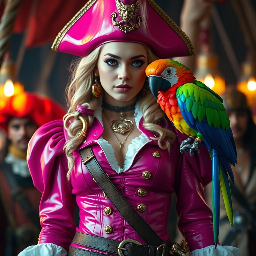 Fearless Pirate Captain in Vibrant Pink Latex Regalia