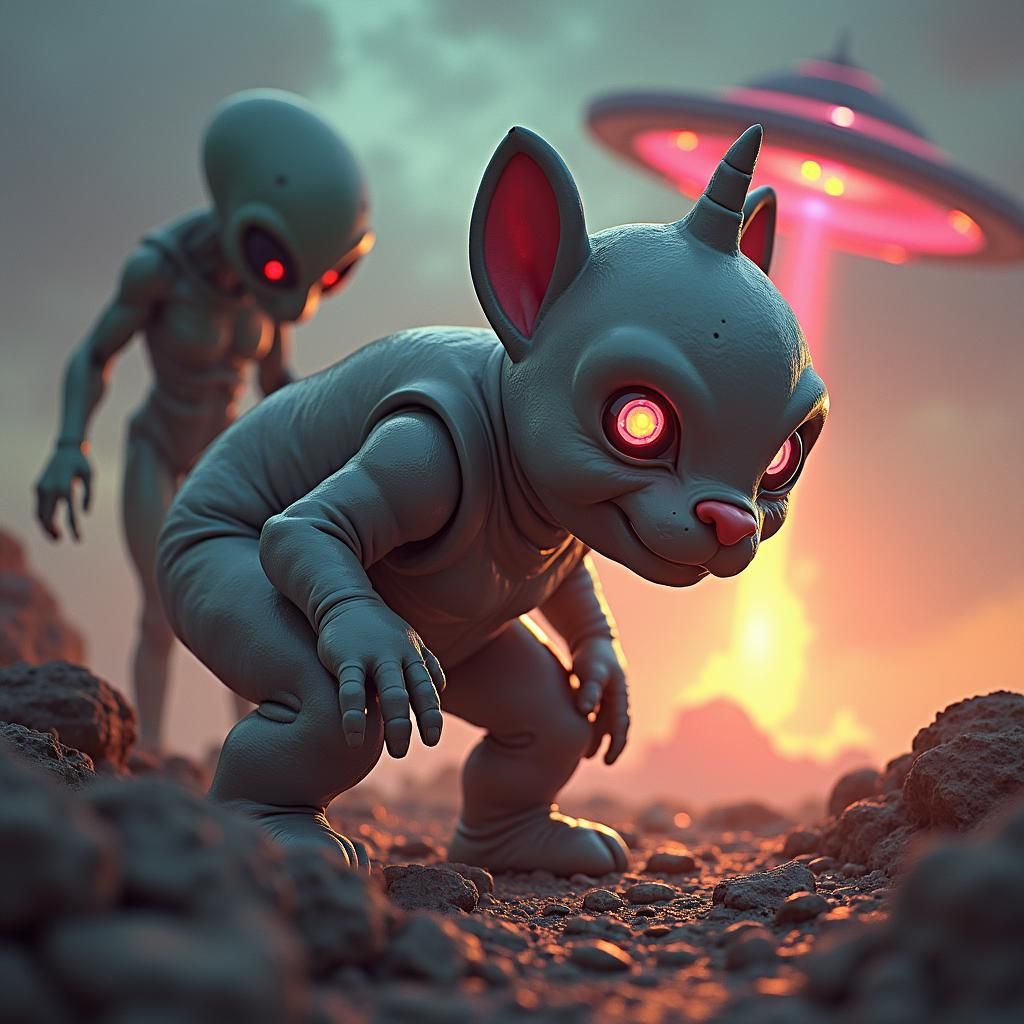 Hyperrealistic Tellytubby with Alien in Retro-Futuristic Sce...