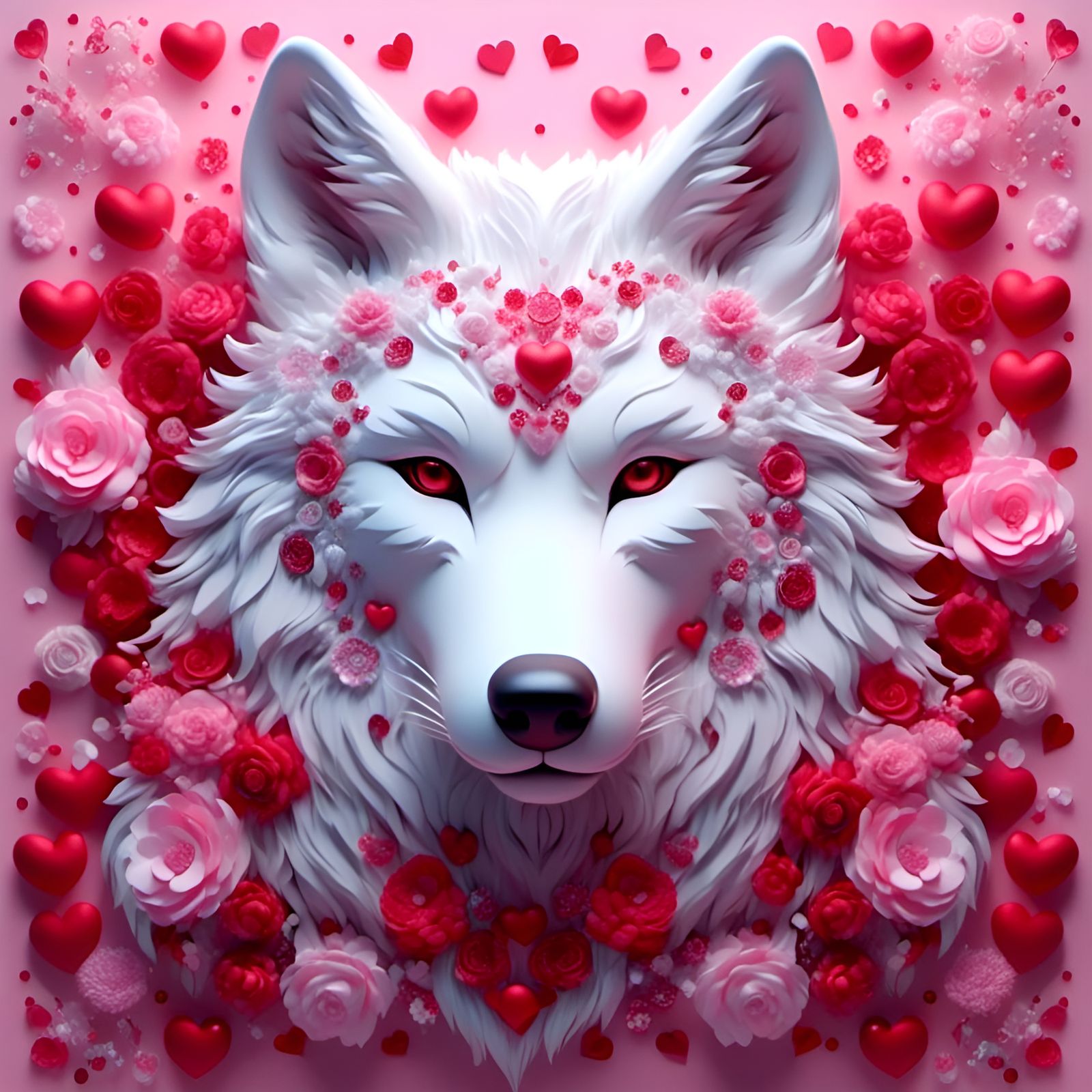 Wolf Surrounded by Hearts and Flowers in Rococo Style