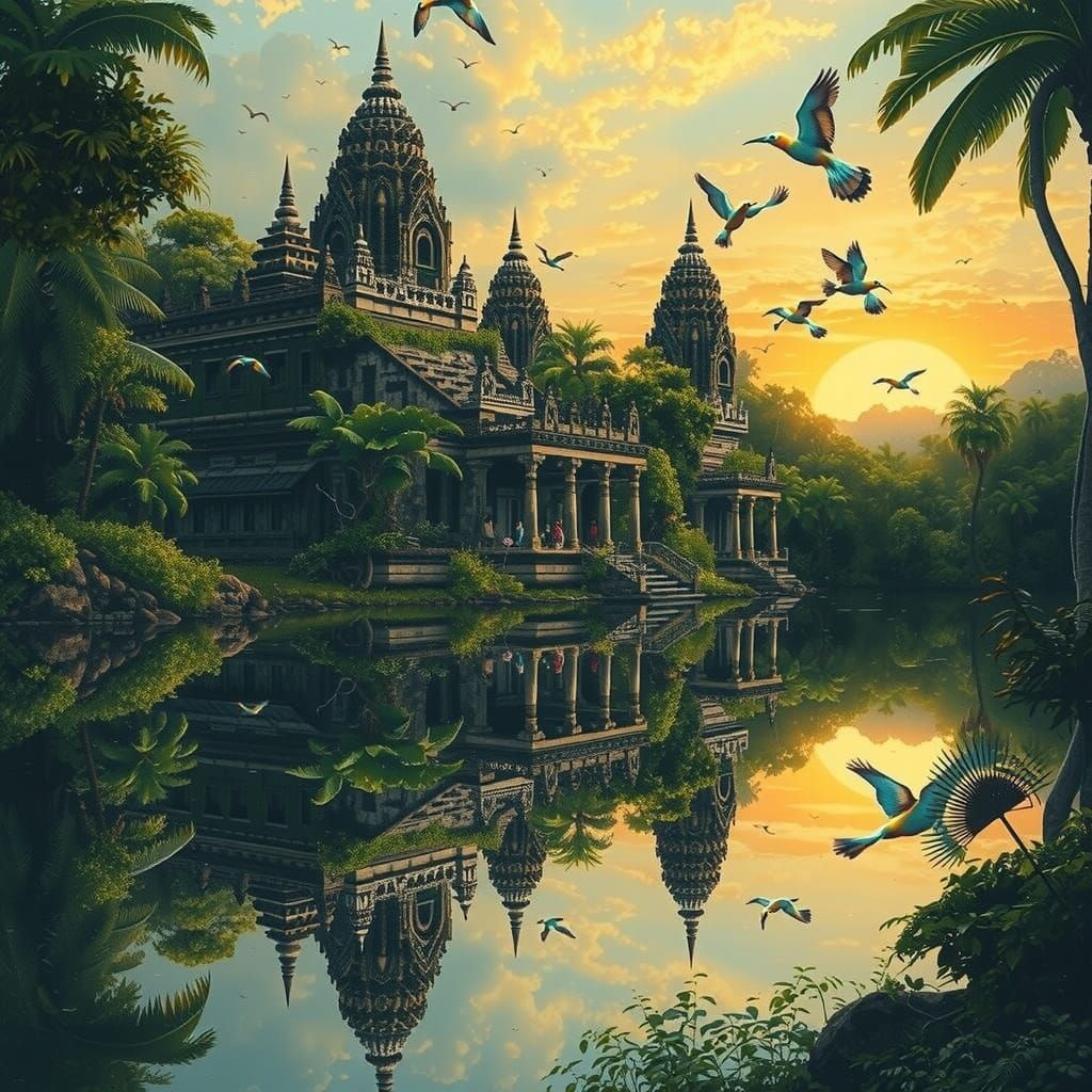 Ancient City Reflects in Serene Lake at Sunset