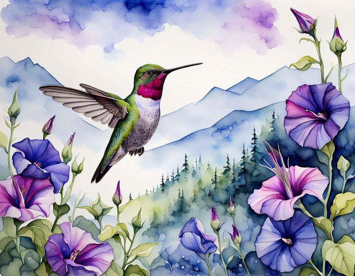 Hummingbird and Morning Glories in Watercolor