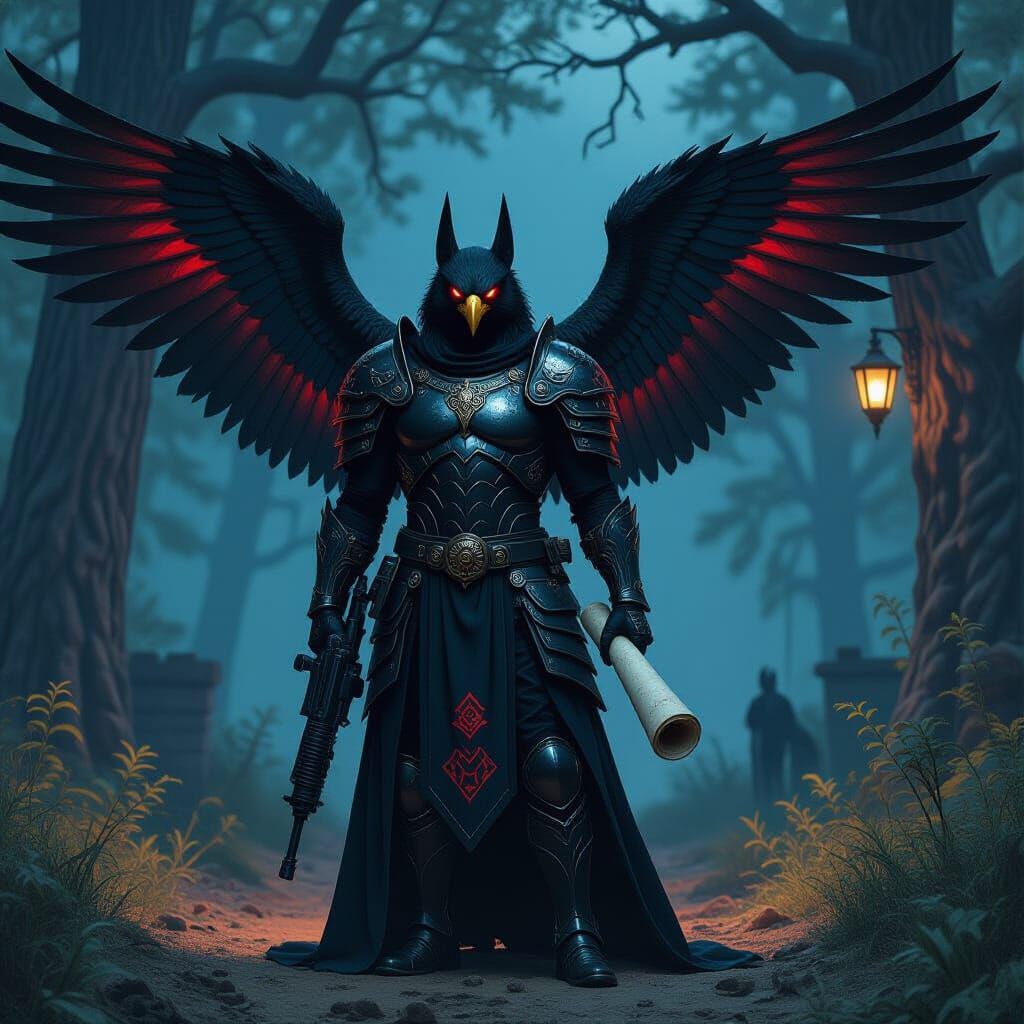 Falcon-Headed Man in Armor in Dystopian Landscape