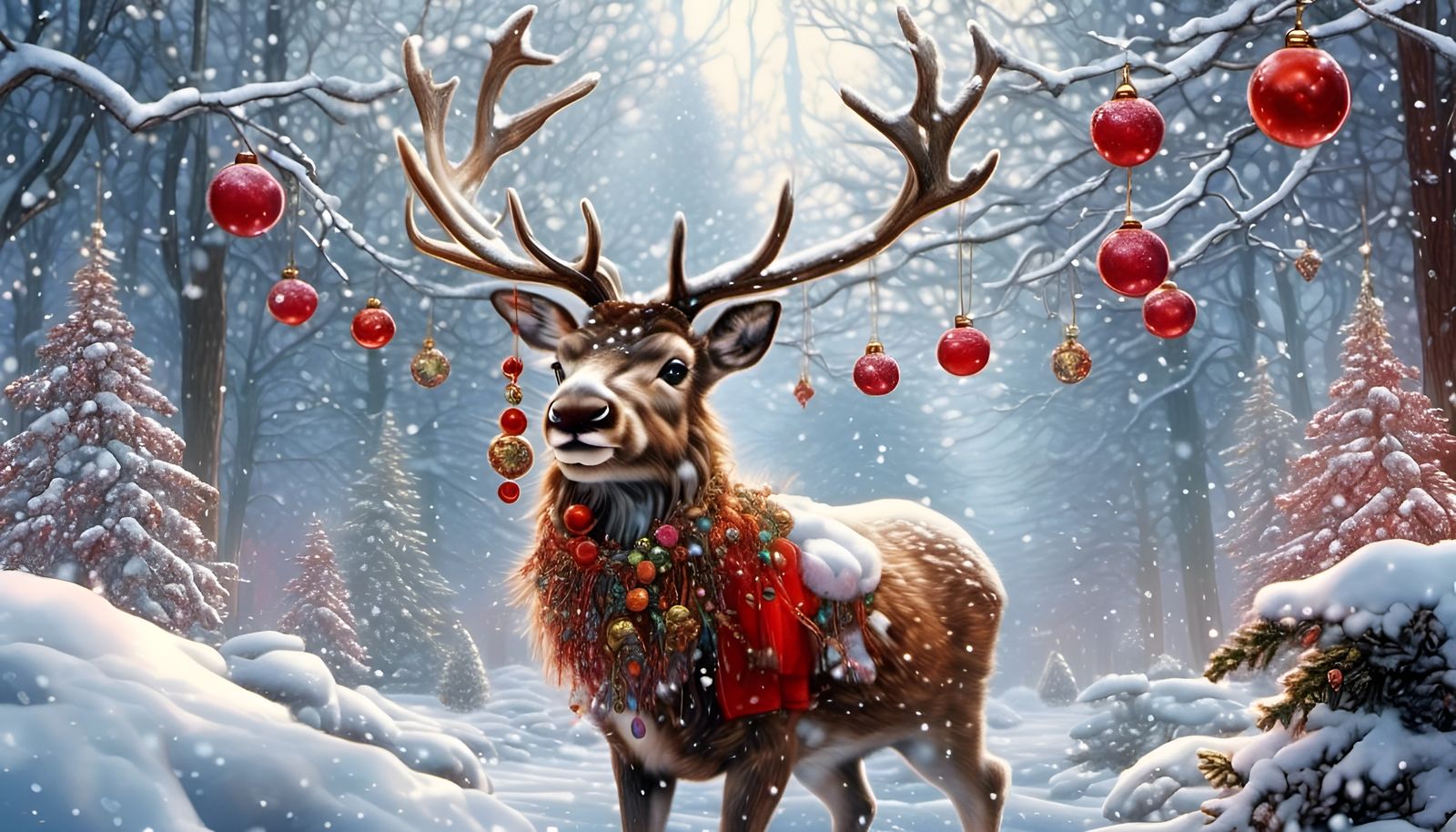 Rudolph in Winter Wonderland with Christmas Ornaments