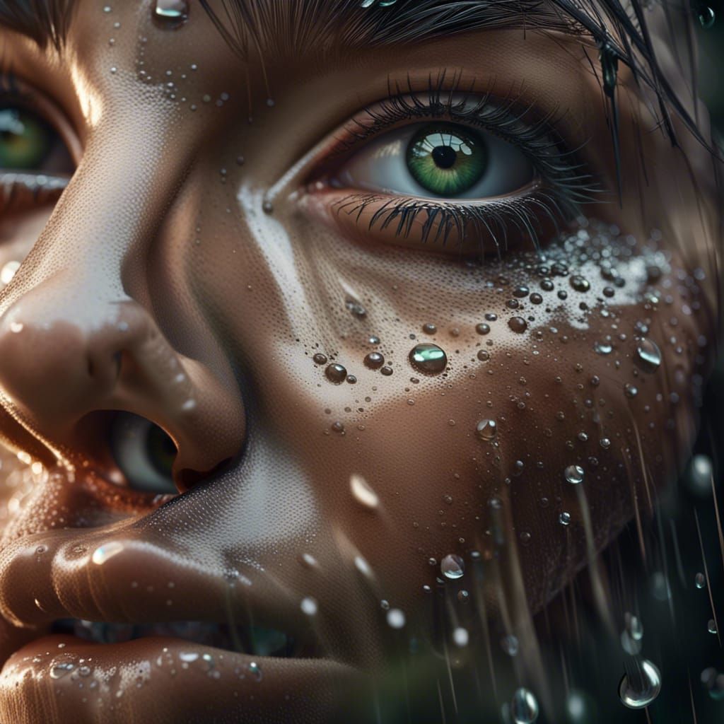 Hyperrealistic Portrait of Woman in Rain