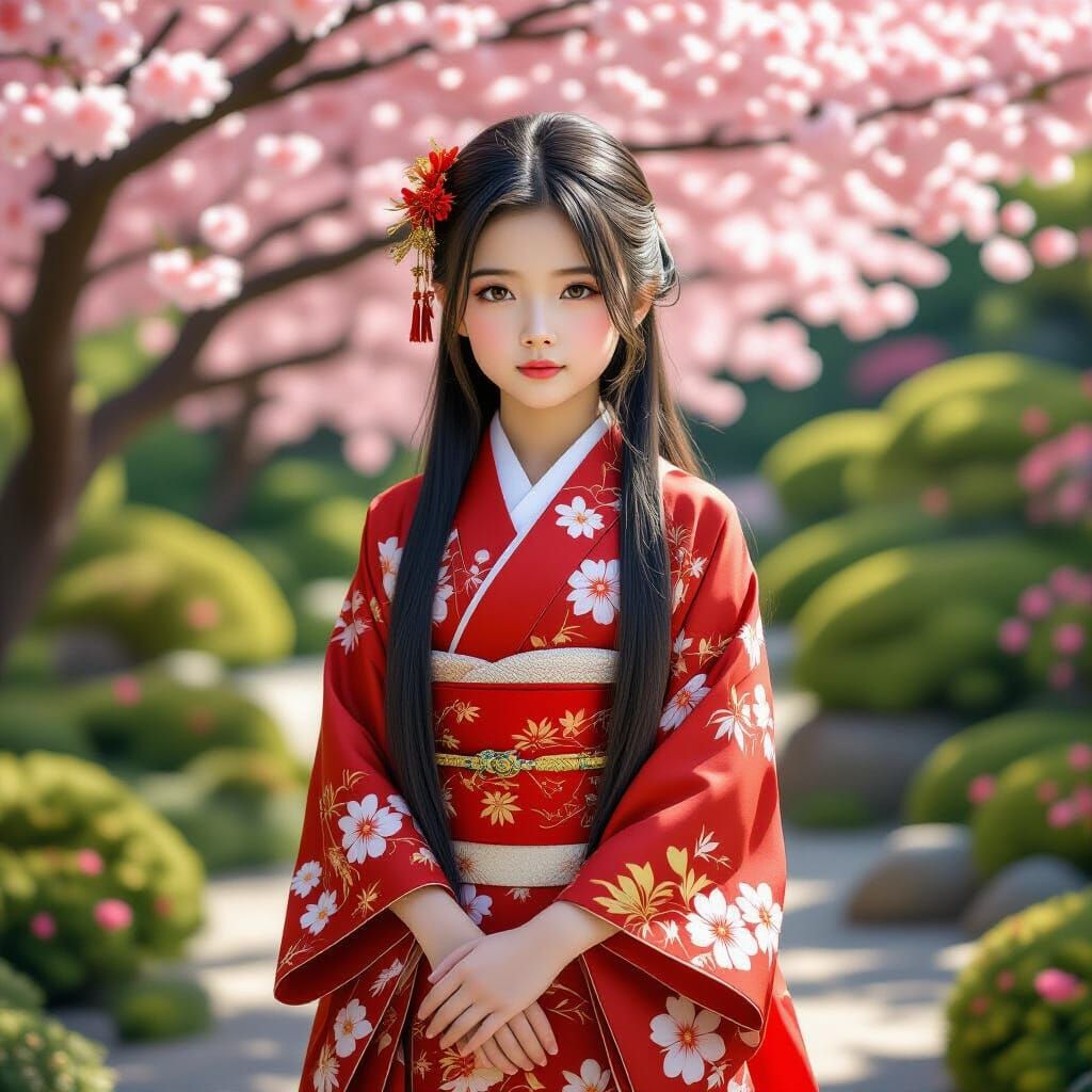 Girl in Japanese Garden, Highly Realistic Style