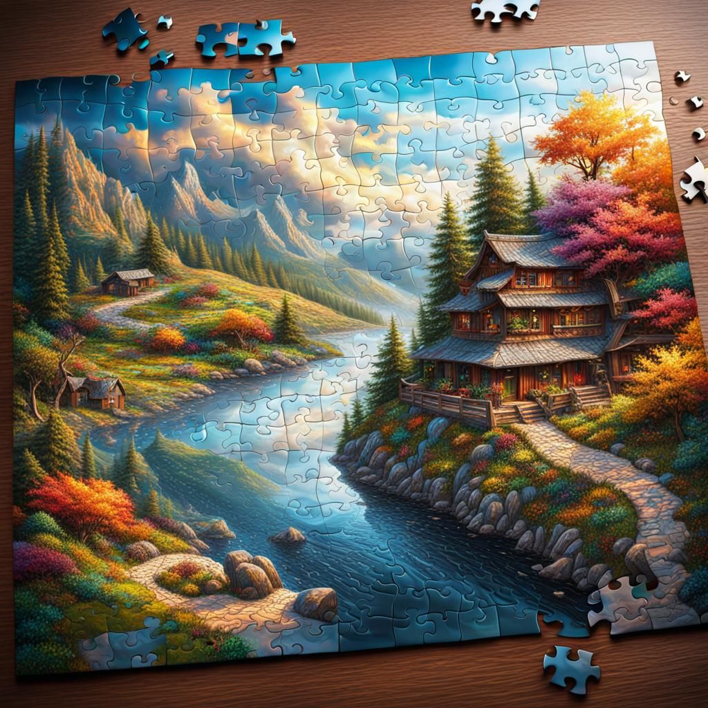 Intricate Jigsaw Puzzle Landscape in Hyperrealistic Splash A...