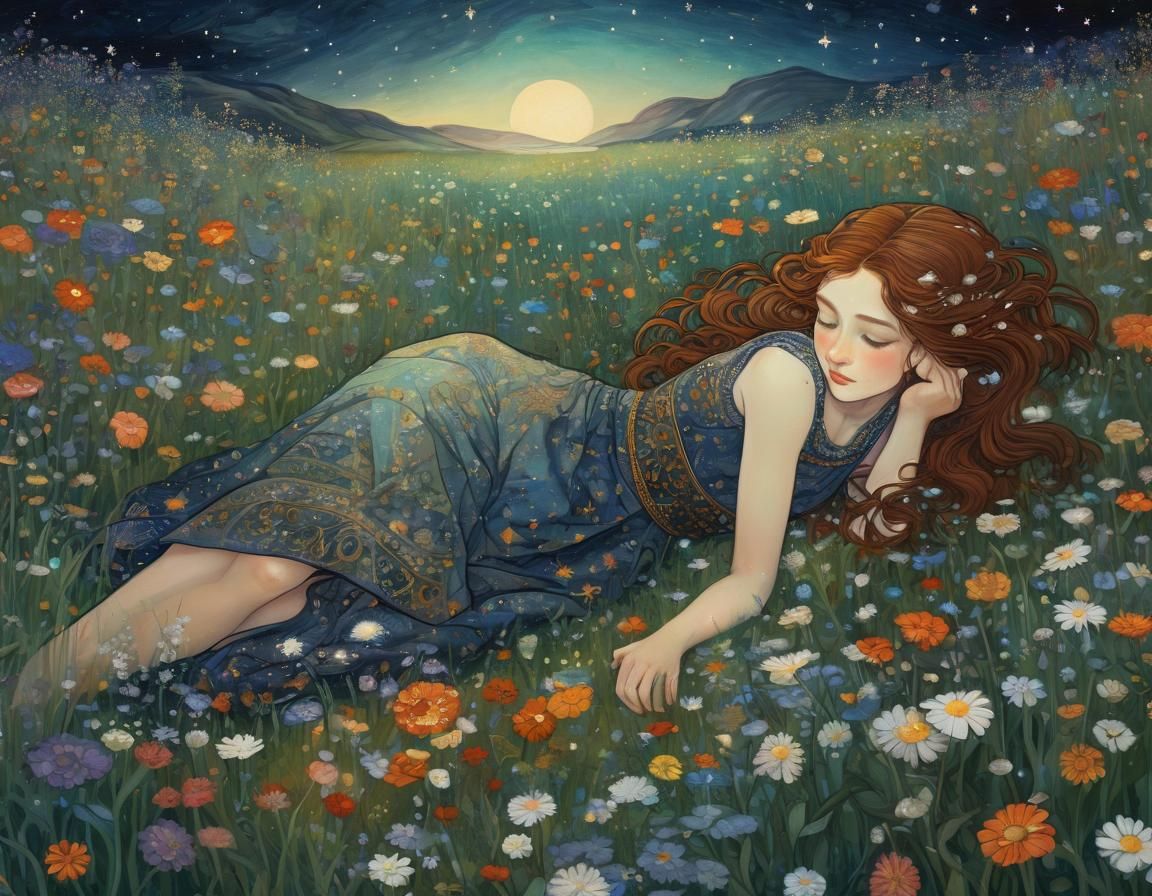 Girl in Meadow Gazing at Starry Sky, Art Nouveau Style