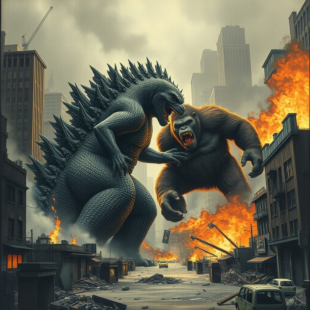 Godzilla Battles Kong in a Dark, Gritty Cityscape