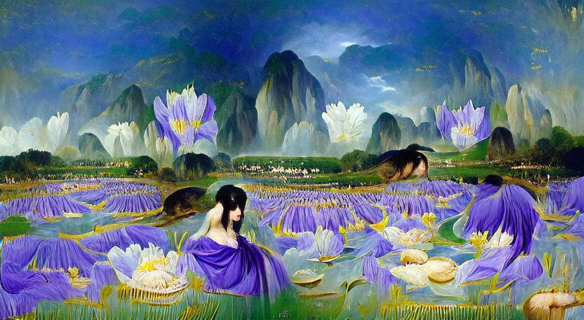 Lotus and Iris Flowers in Valley: Seraphine Louis Style