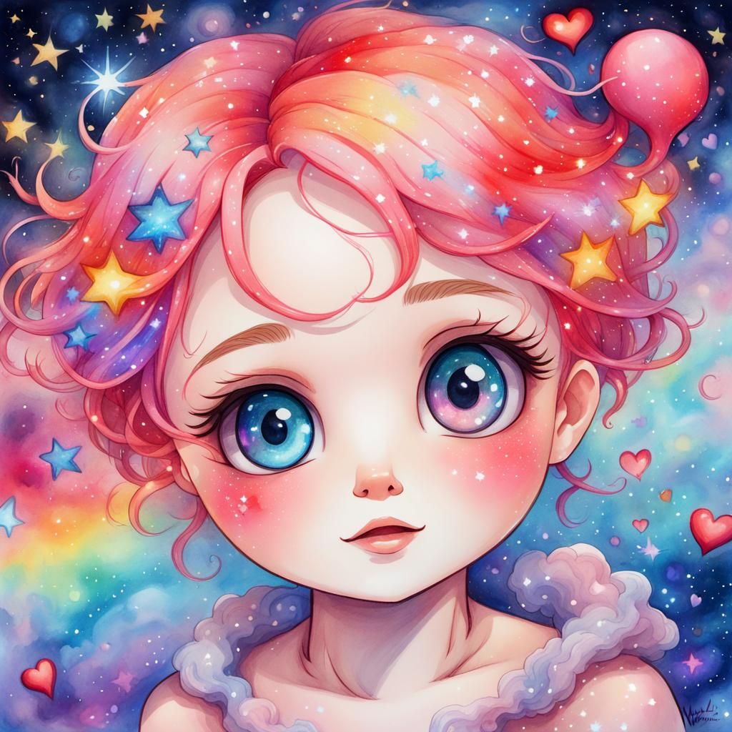 Magical Chibi Relaxing in Galactic Nebula: Watercolor