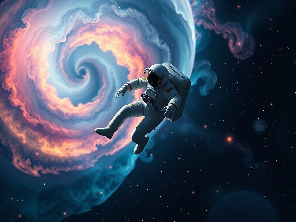 Cosmic Serenity: Astronaut Drifts in Vibrant Celestial Swirl...