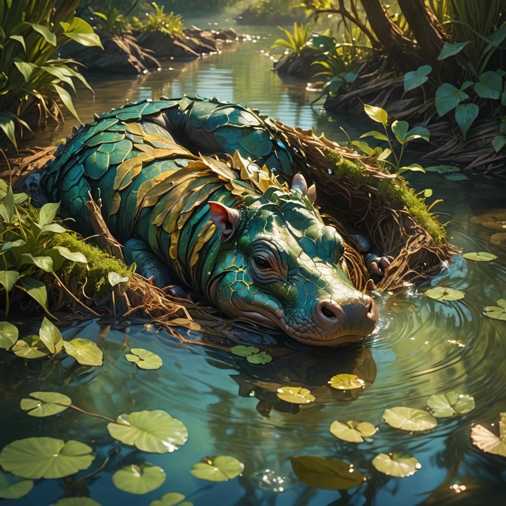 Baby Dragonhippo in River: Vibrant Splash Art