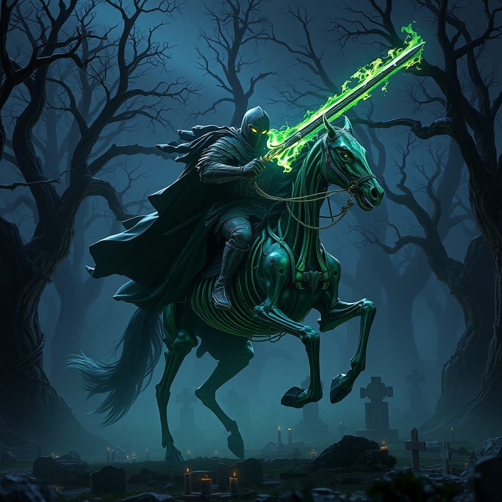 Spectral Knight Rides Through Ancient Graveyard in Dark Fant...