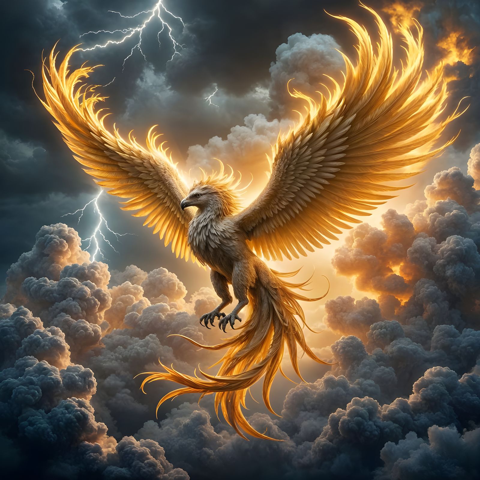 Golden Griffin Soaring Through Stormy Skies